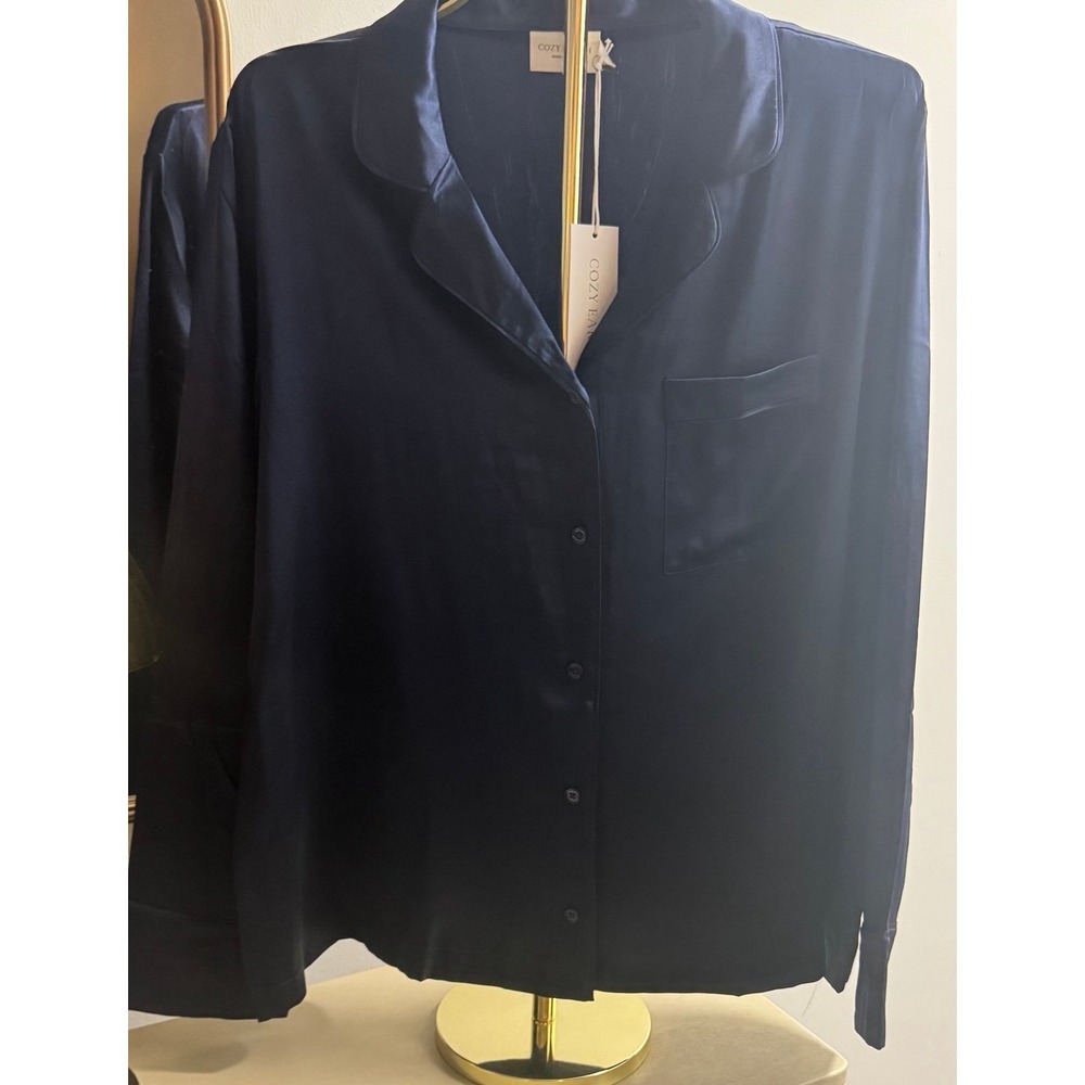 COZY EARTH 100% NAVY SILK XL PAJAMA SHIRT NWT
